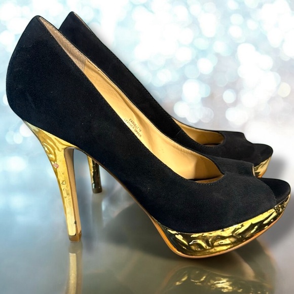 Enzo Angiolini Suede and Gold Peep Toe Pumps -  Easully High-Heel Size 6 1/2 M - Picture 5 of 10